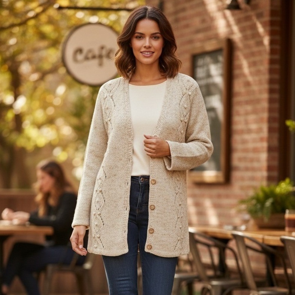 Women's Handmade Cardigan Sweater Cream Speckled Knit Button Front Flaw Size M?